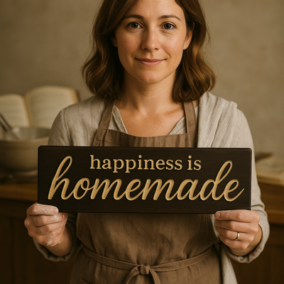 Smiling home baker in an apron holding the Happiness is Homemade carved wooden sign, handmade in Kentucky.