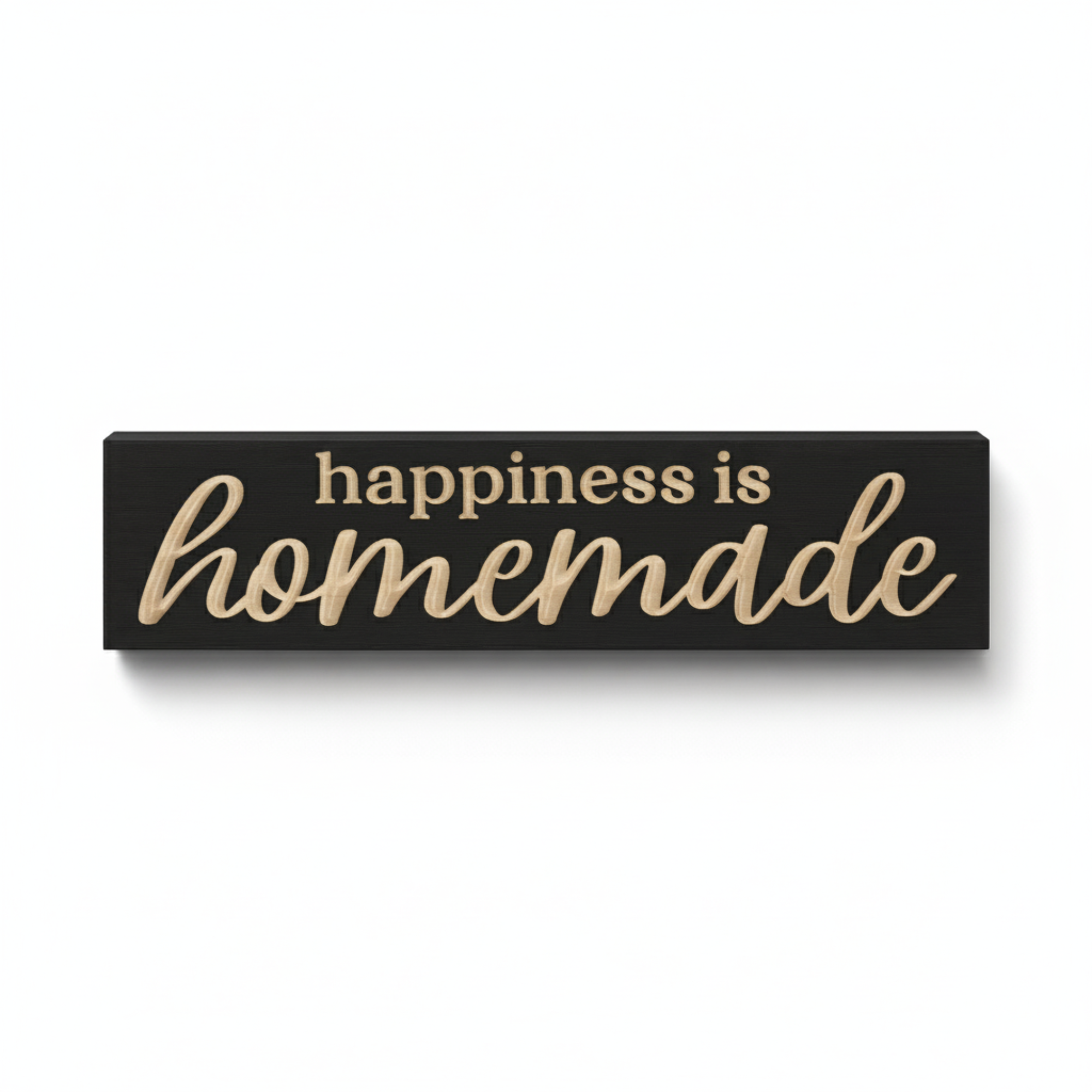 Straight-on view of the Happiness is Homemade carved wood sign for rustic farmhouse wall decor.