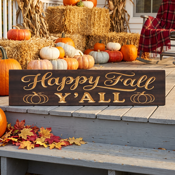 Happy Fall Y'all Sign — Carved Wood Fall Porch Decor