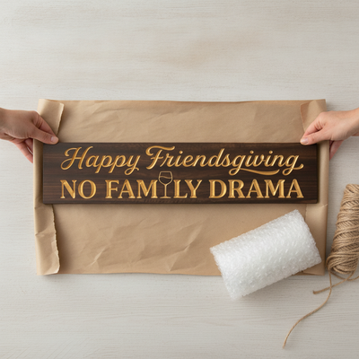 Funny Friendsgiving Sign — Happy Friendsgiving, No Family Drama — gift-ready packaging — Bluegrass Gifts