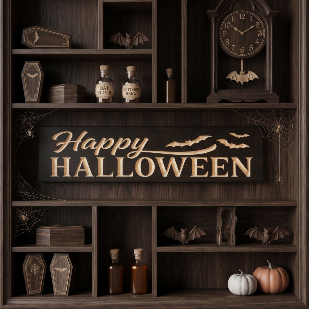 Happy Halloween Sign — Carved Wood Halloween Decor — styled in room — Bluegrass Gifts
