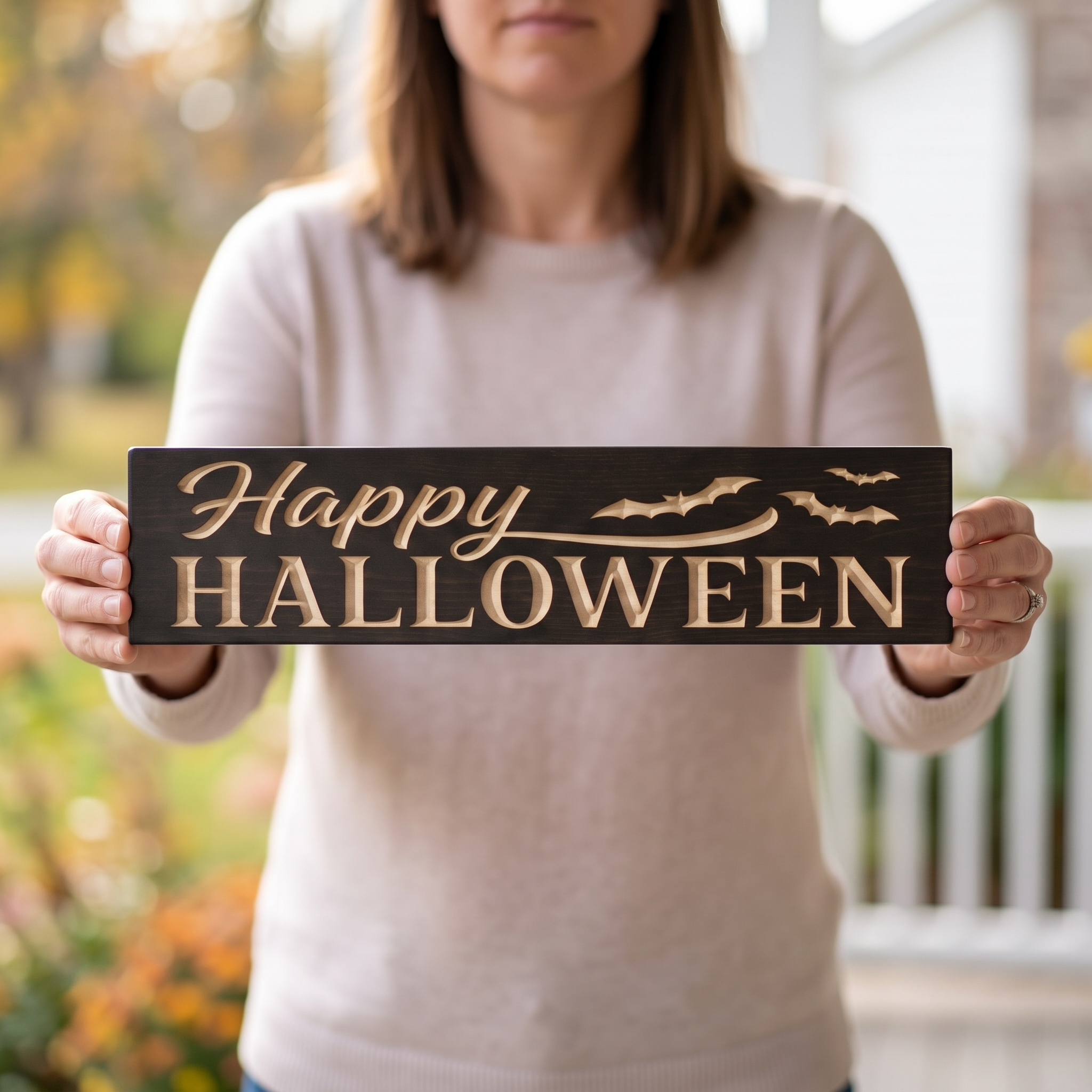 Happy Halloween Sign — Carved Wood Halloween Decor — shown to scale, held — Bluegrass Gifts