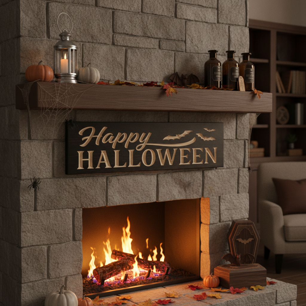 Happy Halloween Sign — Carved Wood Halloween Decor — styled in room — Bluegrass Gifts