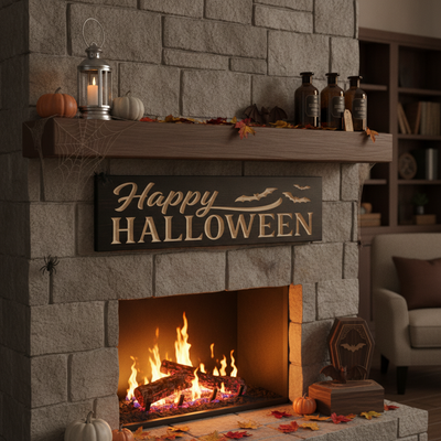Happy Halloween Sign — Carved Wood Halloween Decor — styled in room — Bluegrass Gifts