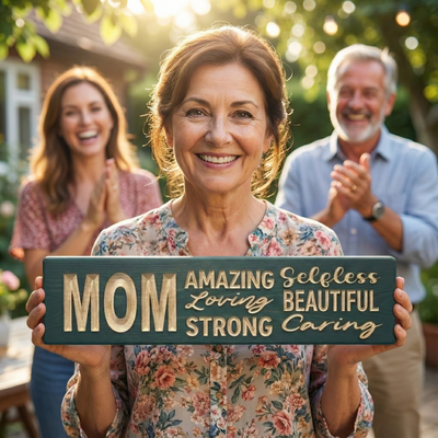 "Happy mother smiling and holding the Bluegrass Gifts 'MOM: Amazing, Loving, Strong' carved wood sign with her family in the background at sunset."