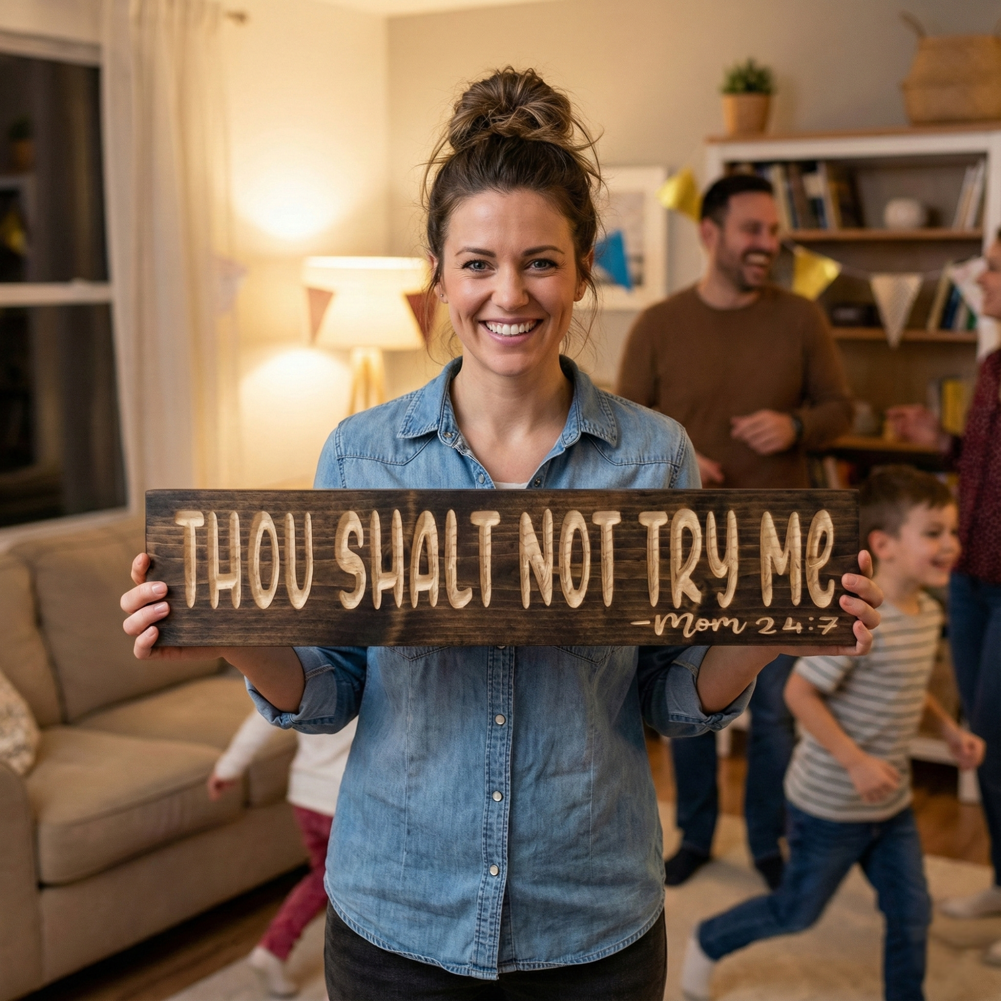 A smiling mother holding her "Thou Shalt Not Try Me" carved wood sign as a gift in a living room with her family in the background.