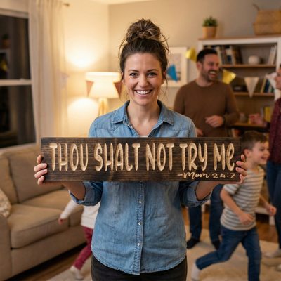A smiling mother holding her "Thou Shalt Not Try Me" carved wood sign as a gift in a living room with her family in the background.