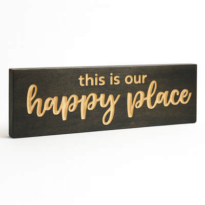 Angled product photo of This Is Our Happy Place wooden wall sign – rustic farmhouse décor
