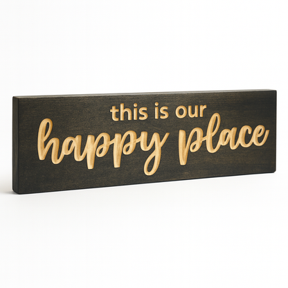 Angled product photo of This Is Our Happy Place wooden wall sign – rustic farmhouse décor