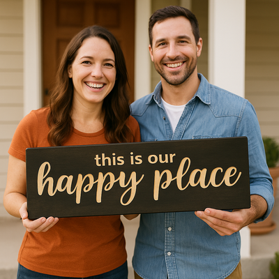 Smiling couple holding This Is Our Happy Place wooden sign outside home – rustic farmhouse wall décor gift