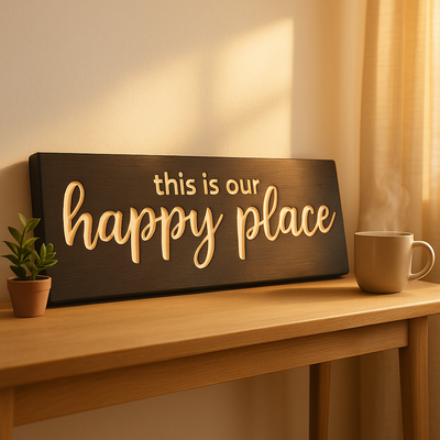 Happy Place wooden wall sign styled on wooden table with coffee mug and plant in cozy morning light