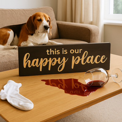 Funny lifestyle scene with Happy Place wooden sign on coffee table, dog on couch, and spilled wine glass – relatable farmhouse décor