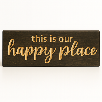 This Is Our Happy Place rustic wooden sign – straight-on product photo farmhouse wall décor