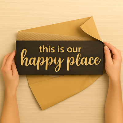 Unboxing Happy Place wooden sign – handmade farmhouse décor packed for gift giving