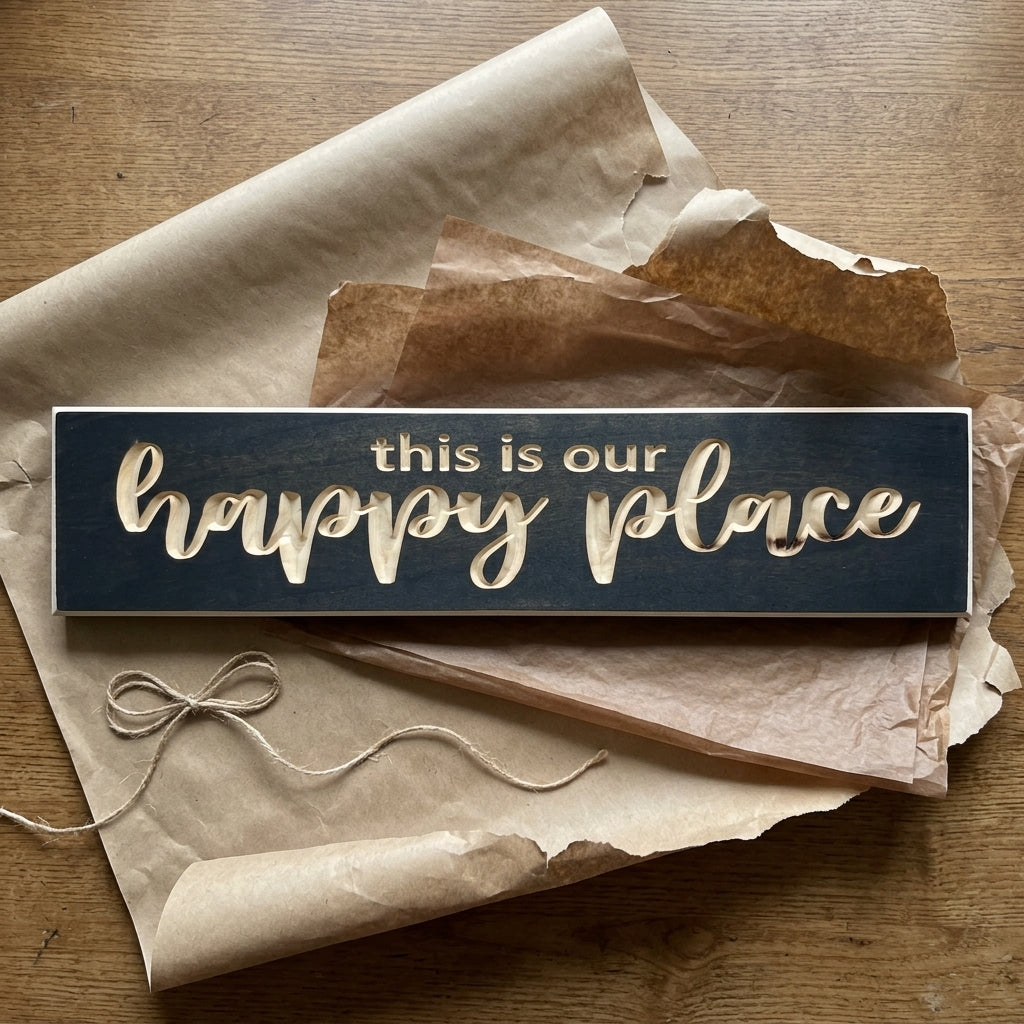 The Camper Sign, wrapped in brown paper and twine, ready for gifting on a wooden surface