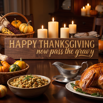Funny Happy Thanksgiving Wood Sign — Now Pass The Gravy — styled in room — Bluegrass Gifts