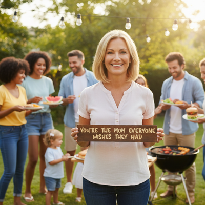Smiling woman holding her "You're The Mom Everyone Wishes They Had" sign at an outdoor family gathering.