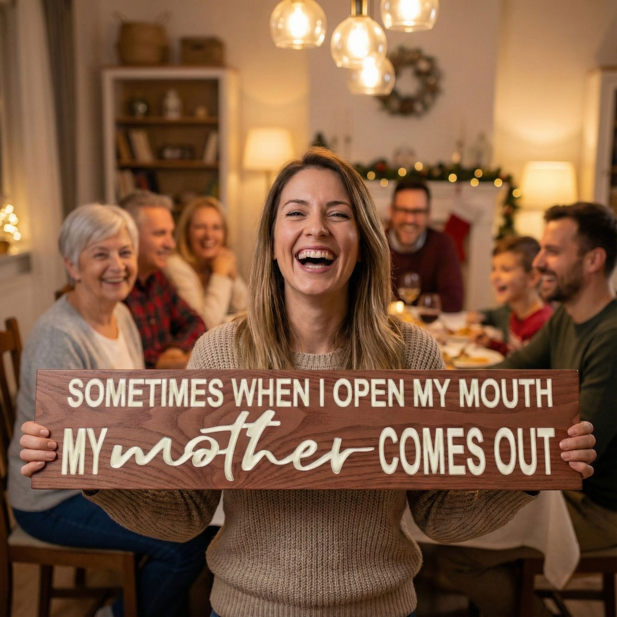 A laughing woman holding a "My Mother Comes Out" sign in front of a smiling family during a holiday dinner.
