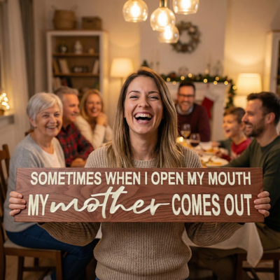 A laughing woman holding a "My Mother Comes Out" sign in front of a smiling family during a holiday dinner.
