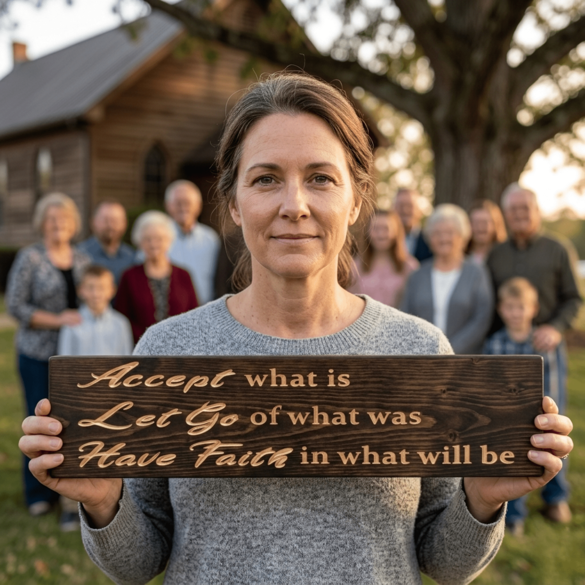 Woman holding the Accept What Is Let Go of What Was Have Faith carved wooden sign with family gathered behind her at sunset.