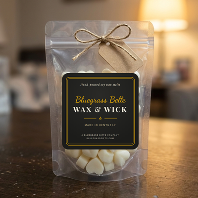 Pouch of heart wax melts tied with twine and a kraft gift tag