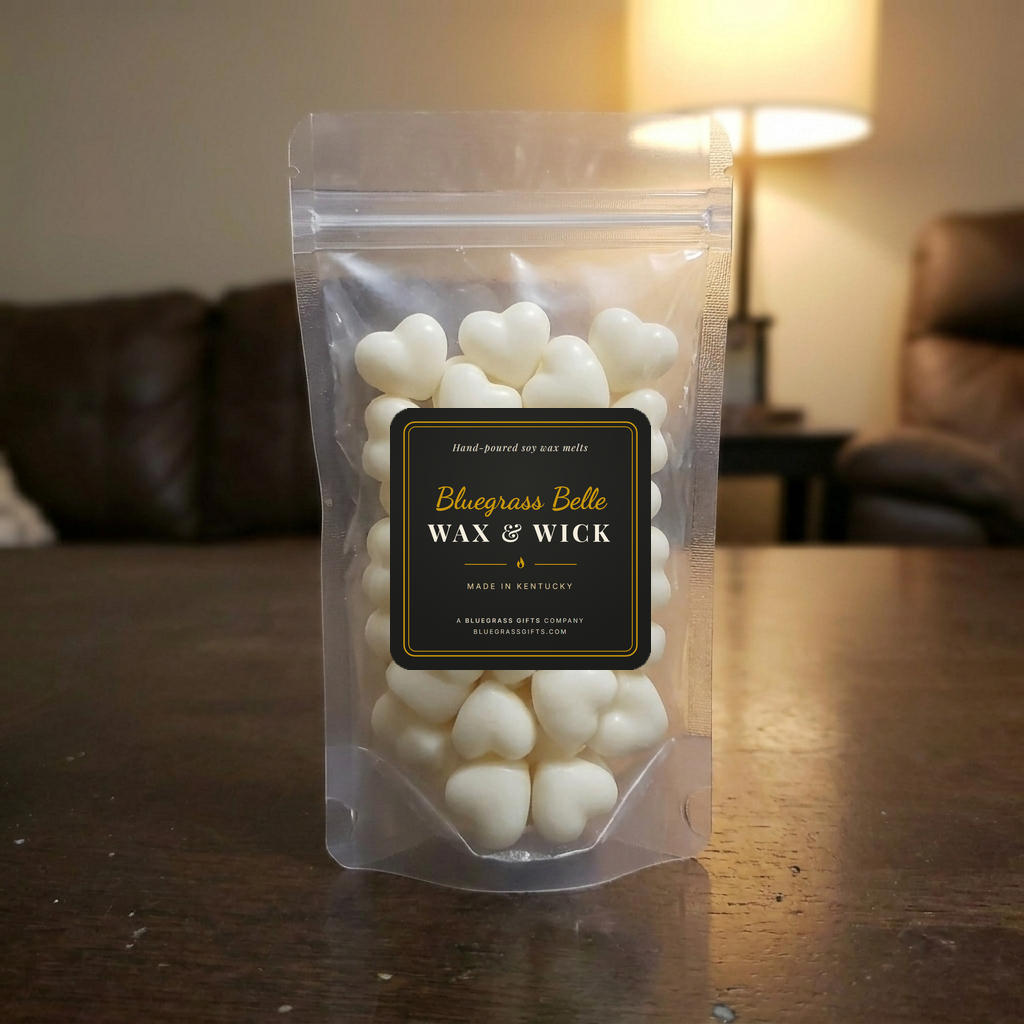 Clear stand-up pouch of heart wax melts with the Bluegrass Belle label