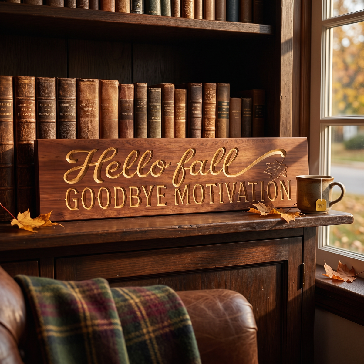 Funny Hello Fall Sign — Hello Fall, Goodbye Motivation — styled in room — Bluegrass Gifts