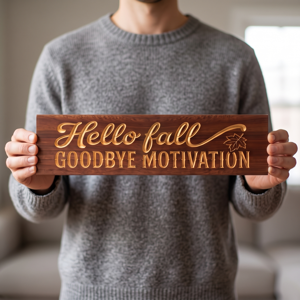 Funny Hello Fall Sign — Hello Fall, Goodbye Motivation — shown to scale, held — Bluegrass Gifts