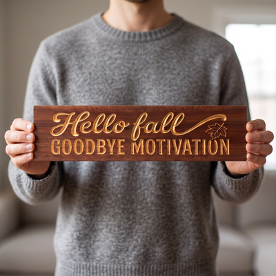 Funny Hello Fall Sign — Hello Fall, Goodbye Motivation — shown to scale, held — Bluegrass Gifts