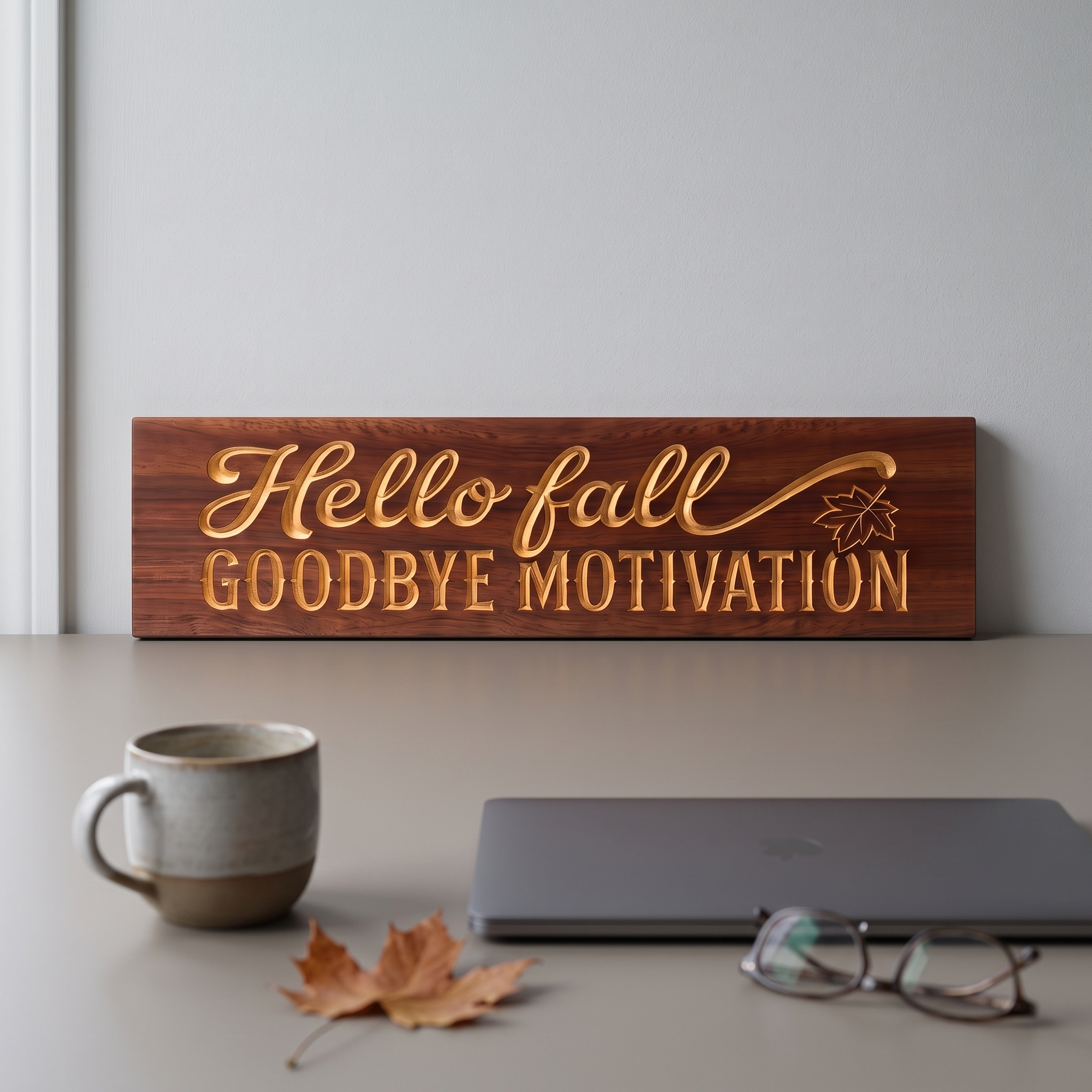 Funny Hello Fall Sign — Hello Fall, Goodbye Motivation — styled in room — Bluegrass Gifts