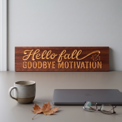 Funny Hello Fall Sign — Hello Fall, Goodbye Motivation — styled in room — Bluegrass Gifts