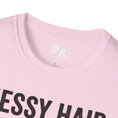 Highland Cow Shirt — "Messy Hair Don't Care" Graphic Tee in Light Pink
