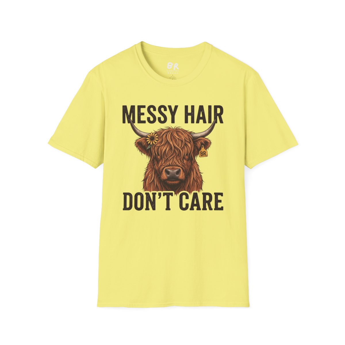 Highland Cow Shirt — "Messy Hair Don't Care" Graphic Tee in Cornsilk