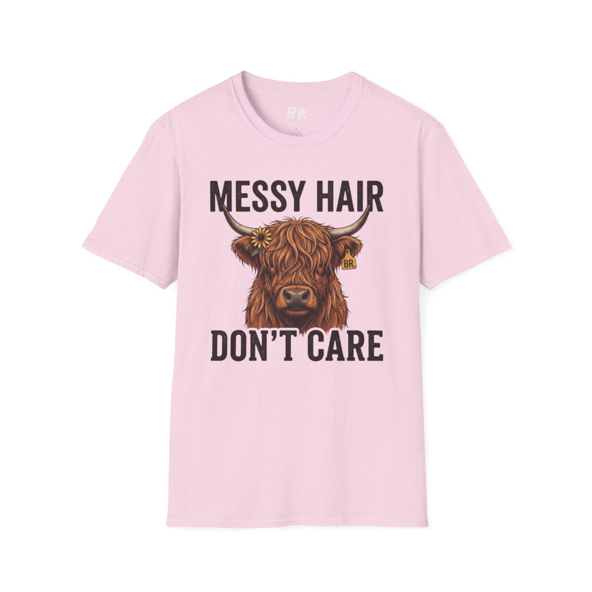 Highland Cow Shirt — "Messy Hair Don't Care" Graphic Tee in Light Pink