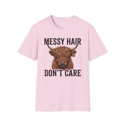 Highland Cow Shirt — "Messy Hair Don't Care" Graphic Tee in Light Pink
