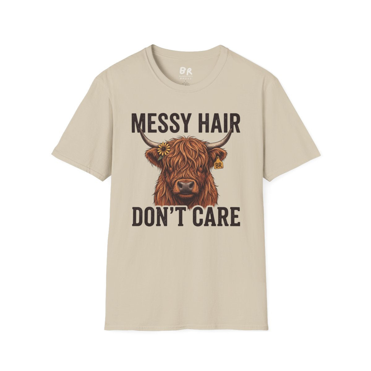 Highland Cow Shirt — "Messy Hair Don't Care" Graphic Tee in Sand