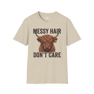 Highland Cow Shirt — "Messy Hair Don't Care" Graphic Tee in Sand