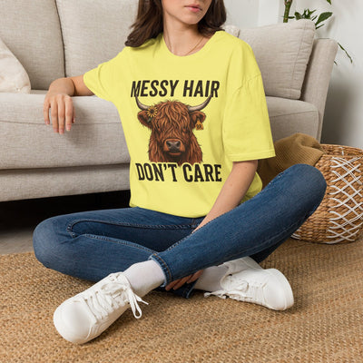 Highland Cow Shirt — "Messy Hair Don't Care" Graphic Tee in Cornsilk