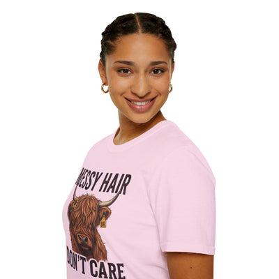 Highland Cow Shirt — "Messy Hair Don't Care" Graphic Tee in Light Pink