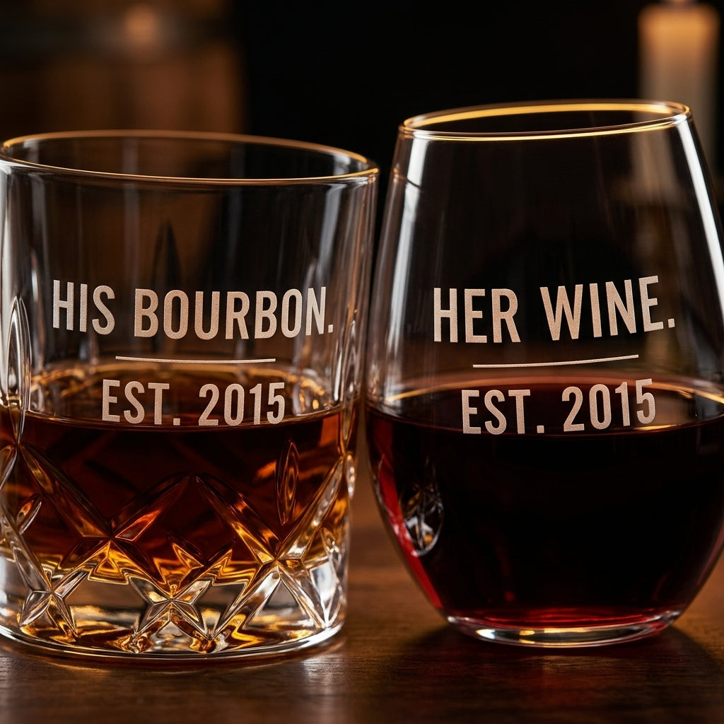 Close-up of the etched HIS BOURBON and HER WINE lettering on the couples glass set