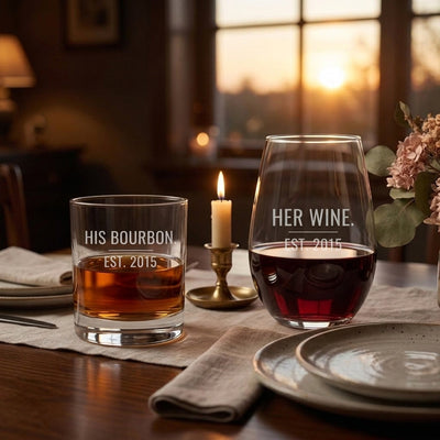 Engraved couples glass set on an anniversary dinner table for two