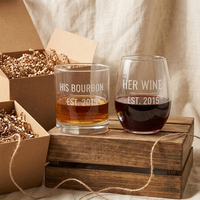 His Bourbon Her Wine engraved glass set presented with a kraft gift box