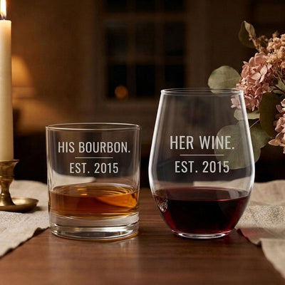 His Bourbon Her Wine engraved couples glass set - whiskey rocks glass and stemless wine glass etched with the established year