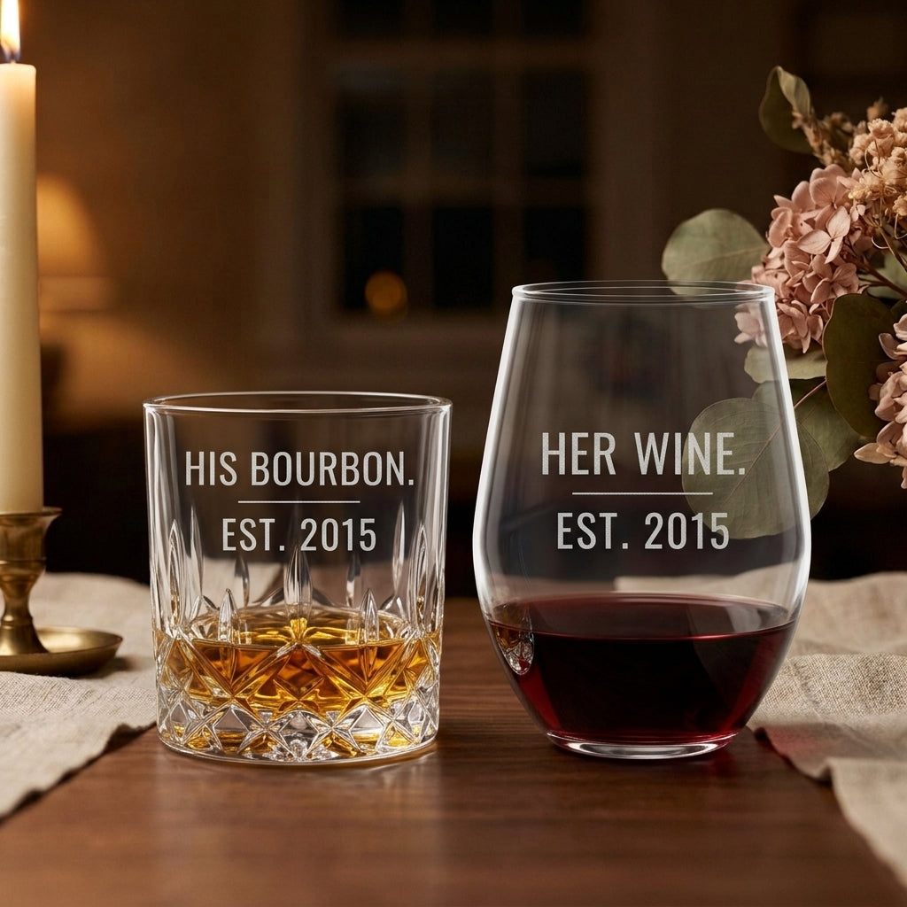 His Bourbon Her Wine engraved couples glass set - whiskey rocks glass and stemless wine glass etched with the established year