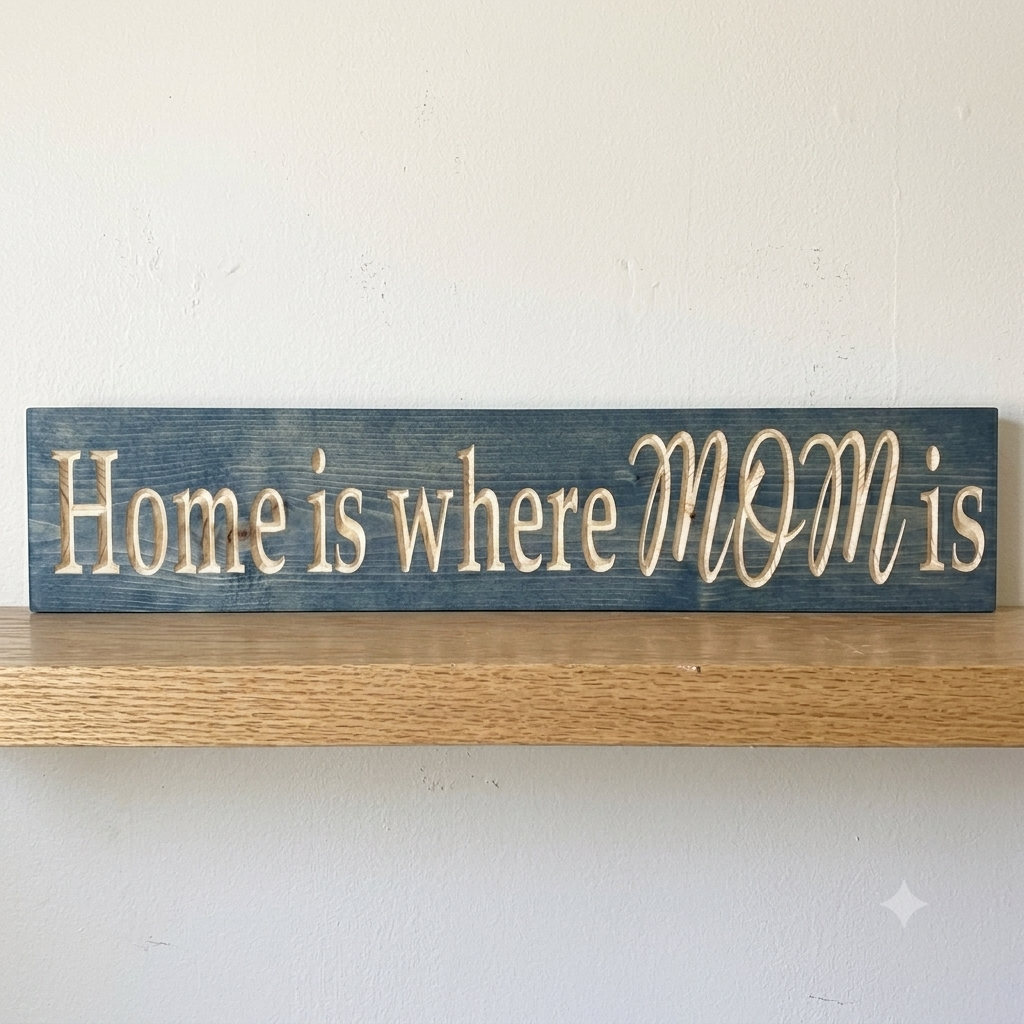 Home Is Where Mom Is Sign — Carved Wood Mom Quote Decor