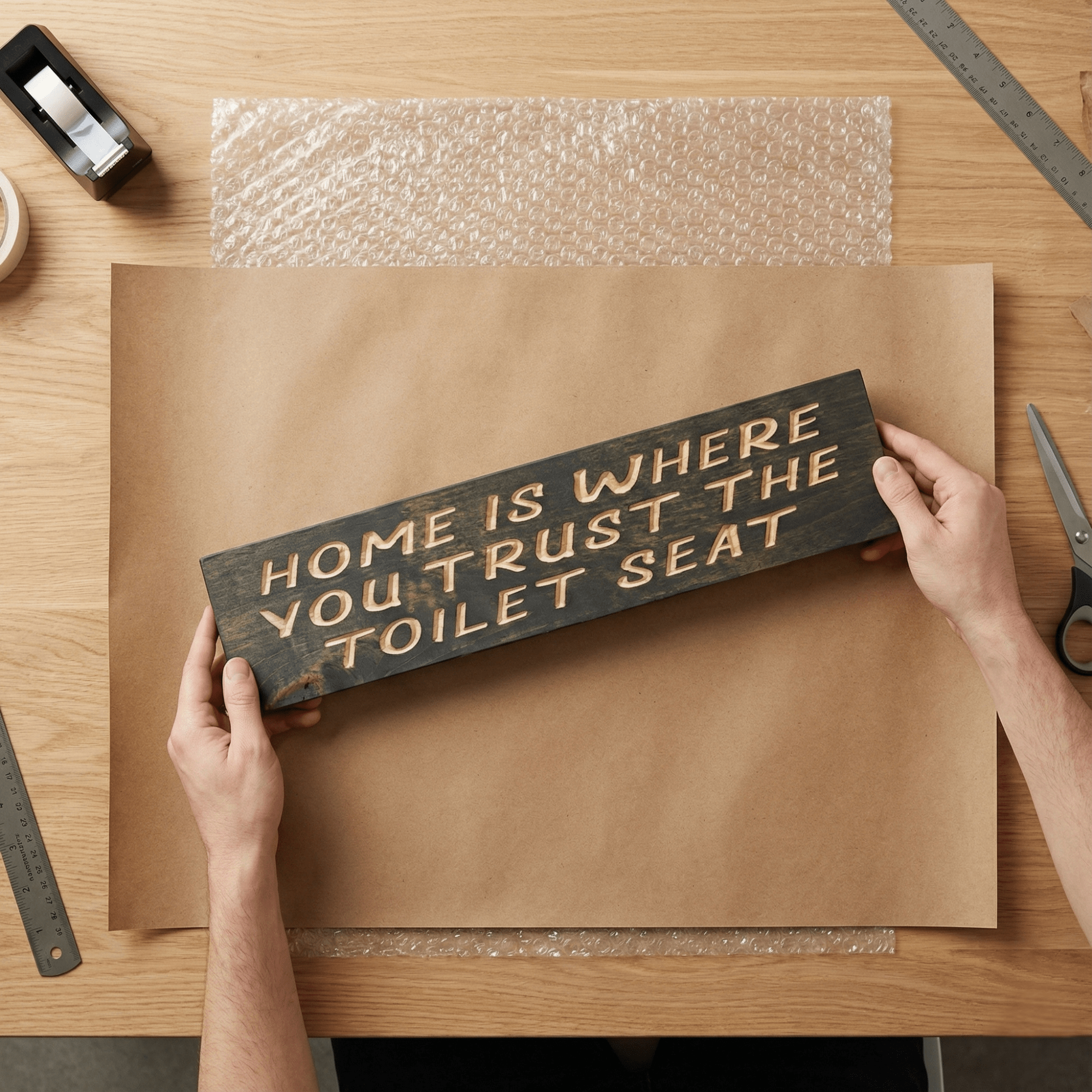 funny-housewarming-gift-idea-bathroom-sign - home is where you trust wood sign by Bluegrass Gifts, handmade in Kentucky