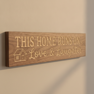 Family Room Sign — This Home Runs On Love & Laughter — carved wood sign — Bluegrass Gifts