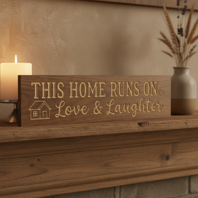Family Room Sign — This Home Runs On Love & Laughter — styled in room — Bluegrass Gifts