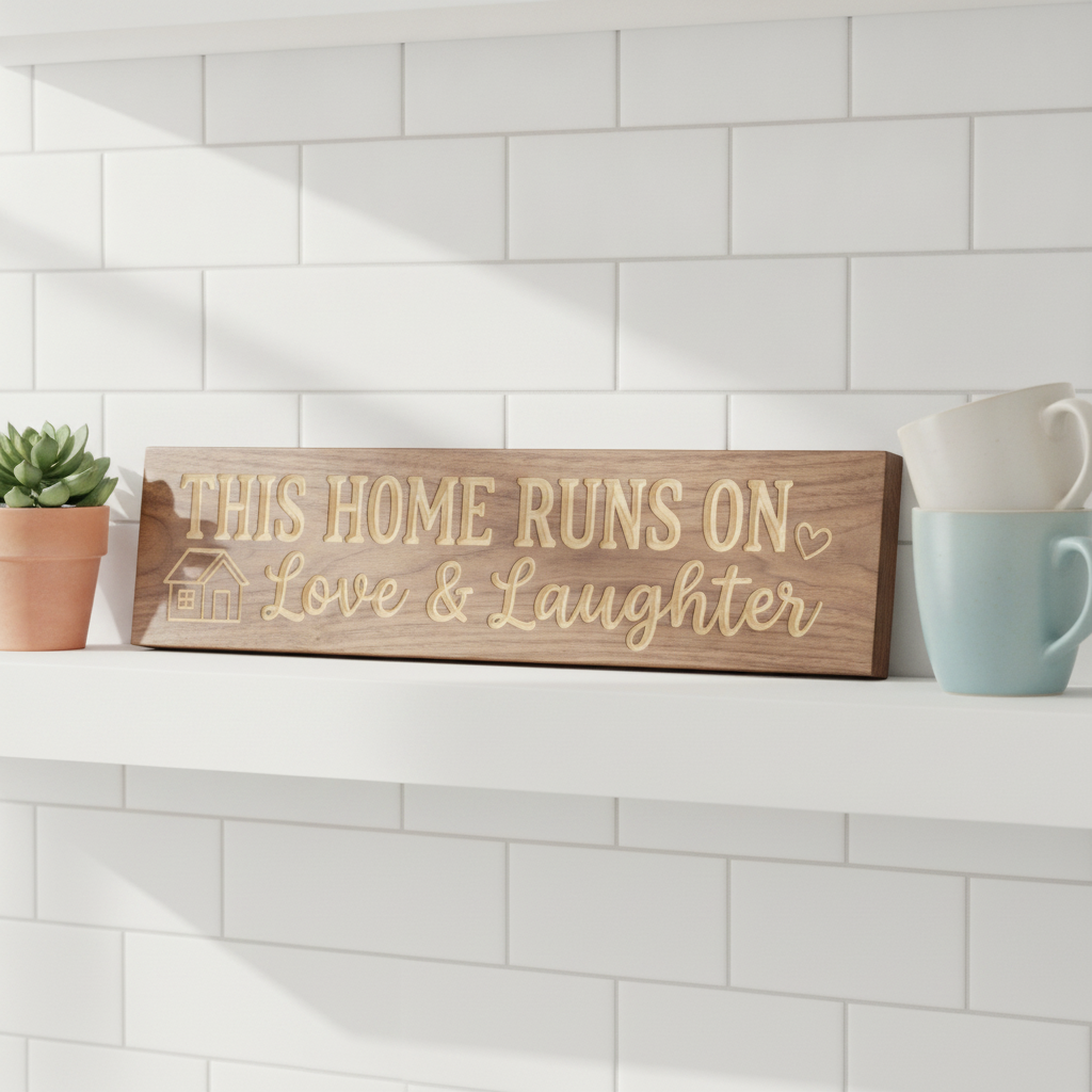 Family Room Sign — This Home Runs On Love & Laughter — styled in room — Bluegrass Gifts