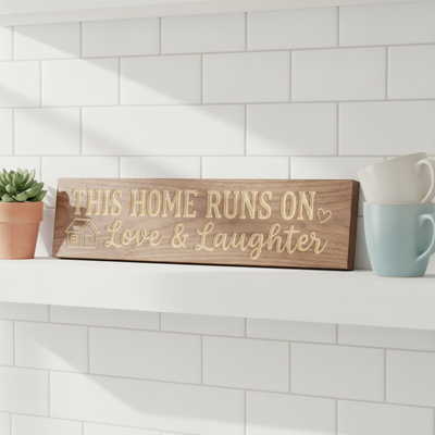 Family Room Sign — This Home Runs On Love & Laughter — styled in room — Bluegrass Gifts